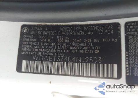 2004 BMW 325 из США, поврежденный, VIN WBAET37404NJ95031